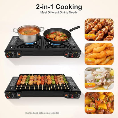 Portable Butane Camping Stove, 2 Burners Camping Stove with Non-sticking Coating Grill Tray & Storage Case, Piezoelectric Ignition Stove for Camping, Picnics, BBQ, LPG & Butane Compatibility