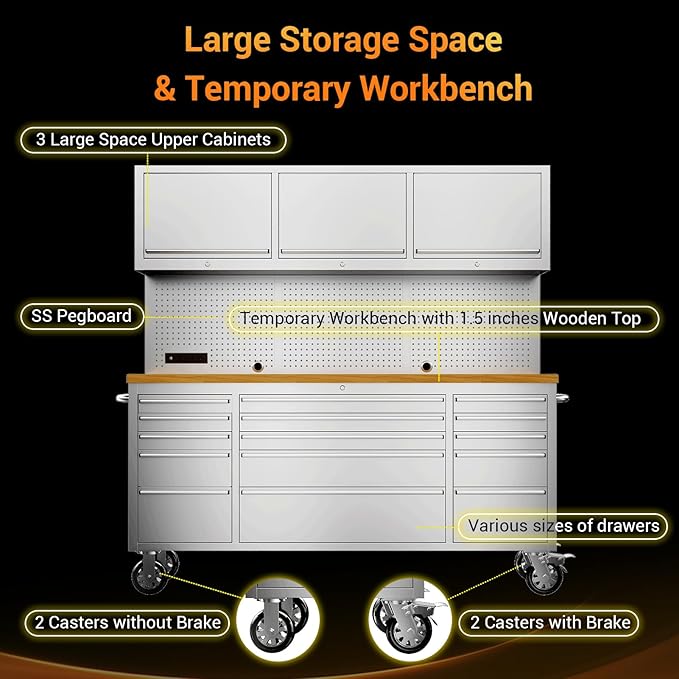 CHETTO C 72-inch Rolling Tool Chest Cabinet Mobile Workbench with 15 Storage Drawers and Wheels 3 Upper Cabinet Outlet SS Pegboard Stainless Steel Tool Box for Garage Warehouse