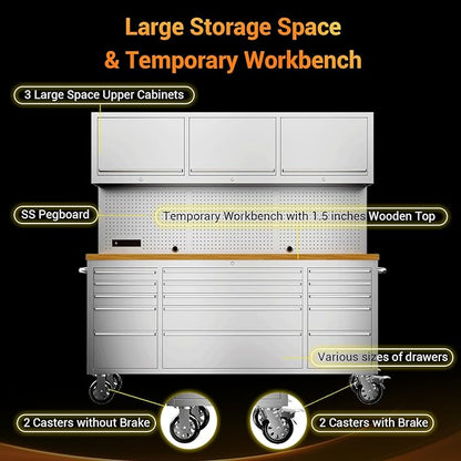 CHETTO C 72-inch Rolling Tool Chest Cabinet Mobile Workbench with 15 Storage Drawers and Wheels 3 Upper Cabinet Outlet SS Pegboard Stainless Steel Tool Box for Garage Warehouse