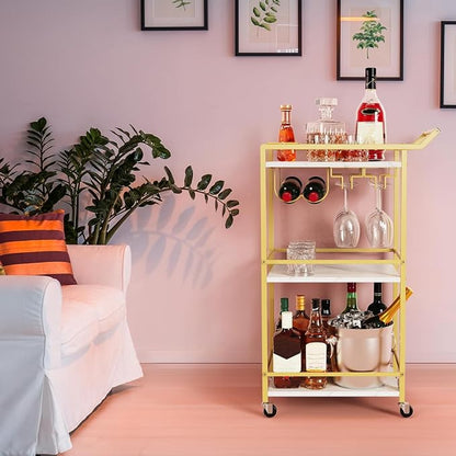 3 Tier Bar Cart Mini Liquor Utility Cart for Wine Beverage Dinner Party | Rolling Wine Coffee Drink Serving Cart with Lockable Wheels for Home Kitchen Bars (Gold)