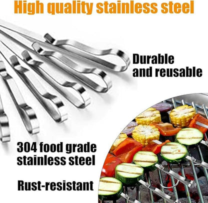 Fengzhe Kabob Skewers Stainless Steel 17-Inch BBQ Skewers with 2 Heavy-Duty Skewer Racks, Set of 10 Flat Metal Sticks & 2 Brushes, Reusable for Meat, Chicken, Vegetables, with Storage Bag