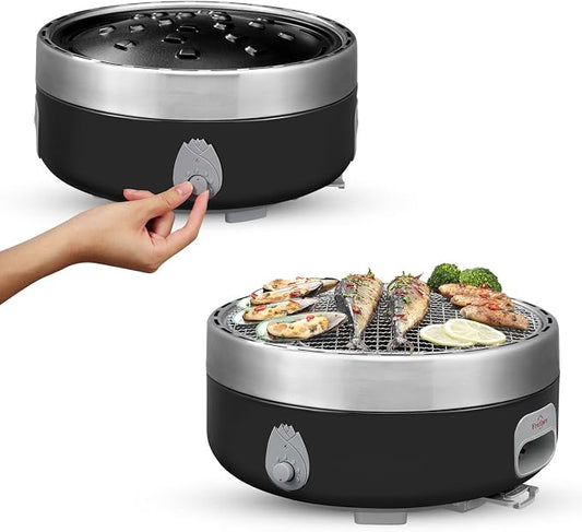 Portable Charcoal Outdoor BBQ Grill For Camping With Travel Bag - Small Tabletop Smoke ＆ Smokeless Pan Optional - Built In Electric Fan Power Supplied By Battery Charger Or Power Bank. (Luxury Black)