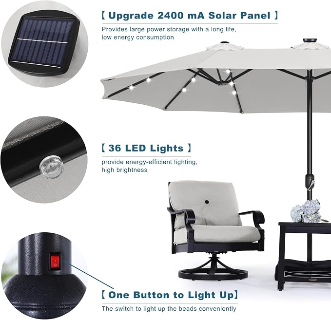 ABCCANOPY 15FT Solar LED Double-Sided Umbrella with Base, Light Gray | Rectangular Outdoor Table Umbrella with Crank, Heavy Duty Market Umbrella Shade for Garden,Poolside, Lawn, Backyard