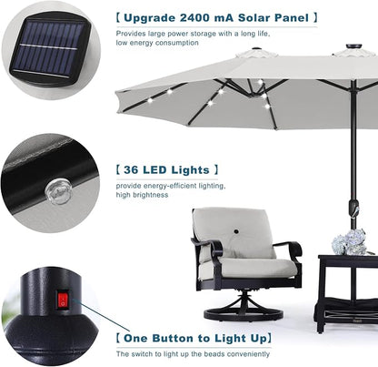 ABCCANOPY 15FT Solar LED Double-Sided Umbrella with Base, Light Gray | Rectangular Outdoor Table Umbrella with Crank, Heavy Duty Market Umbrella Shade for Garden,Poolside, Lawn, Backyard