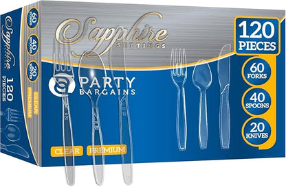 PARTY BARGAINS Disposable Cutlery Set 120-Piece – Sapphire Settings Clear Plastic Forks Spoons Knives – Heavy-Duty Utensils for Parties Catering Weddings & Events – BPA Free