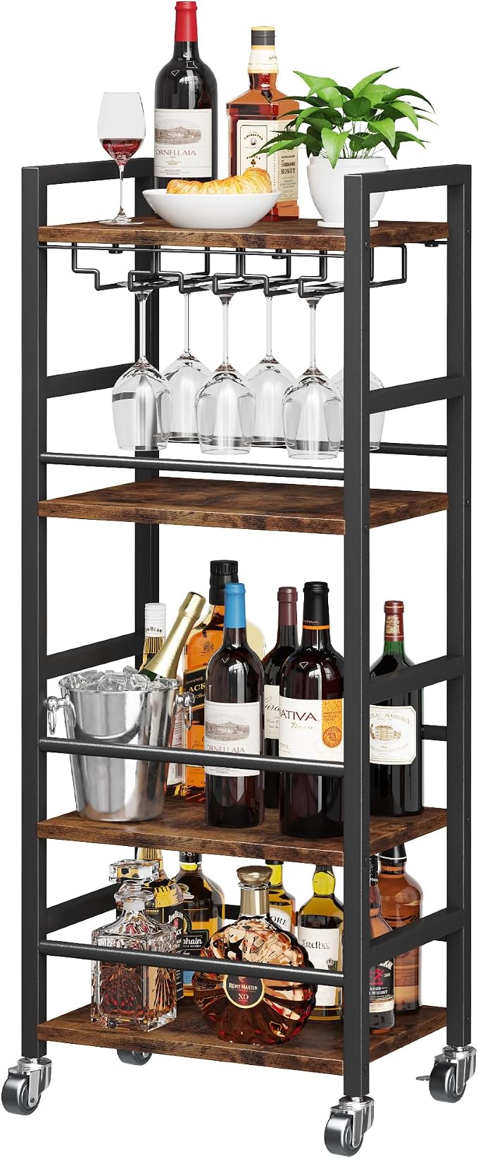 Homeiju Small Bar Cart, Home Bar Serving Cart with 4-Tier Shelf, Mobile Kitchen Shelf with Large Storage and Glass Holder, Mini Bar Cart for Small Spaces, Kitchen and Dining Room, Rustic Brown