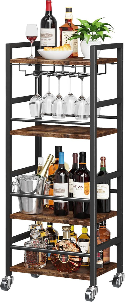 Homeiju Small Bar Cart, Home Bar Serving Cart with 4-Tier Shelf, Mobile Kitchen Shelf with Large Storage and Glass Holder, Mini Bar Cart for Small Spaces, Kitchen and Dining Room, Rustic Brown