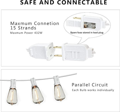 White Outdoor String Lights Waterproof 100FT Patio Lights for Wedding Yard | 100FT Connectable White Outside Lighting,52 Plastic Dimmable Edison Bulb for Backyard Bistro Porch Garden Gazebo Balcony Deck