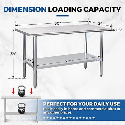 Profeeshaw Stainless Steel Prep Table 24''x60'' NSF Commercial Workbench | Metal Work Table, with Undershelf leveling feet; Heavy Duty Table for Kitchen, Restaurant, Home, Gargae, Hotel, 18-gauge 430