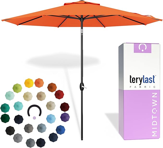 Midtown Umbrellas - 10-Year-No-Fade 9 Ft Patio Umbrella with Terylast Fabric, Auto-Tilt Aluminum Frame and 8 Reinforced Ribs for Deck, Pool, Garden & Beach - Tangerine Canopy, Black Pole