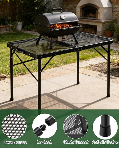 3 ft Folding Table with Adjustable Height, Camping Table with Carry Handle, Metal Mesh Table ,Portable Grill Table for Camping, Tailgating, BBQ, Picnic & Indoor, Fits 3–6 People, Supports 66 lb, Black