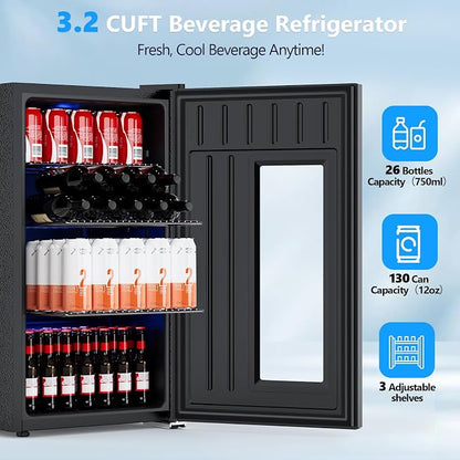 Electactic Beer Cooler 3.2 Cuft, 130 Can Beverage Refrigerator with Adjustable Shelves, Accurate Temperature 20°F-50°F Even Cooling for Home Bar, Game Day, Mancave, Black