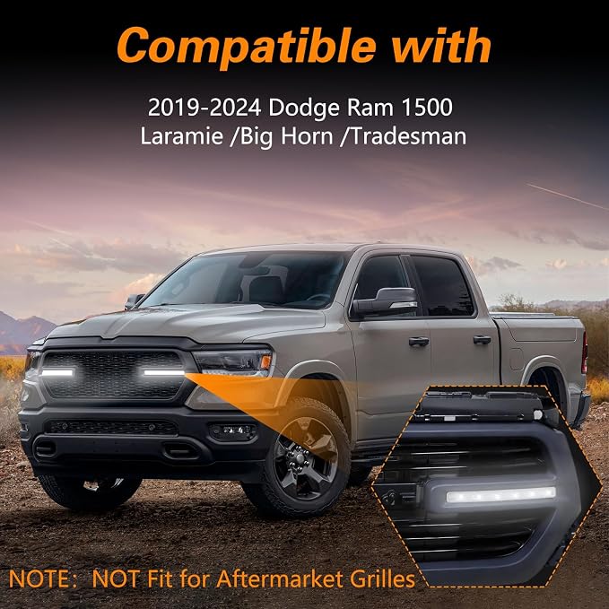 FUSCH Pair of LED Front Grille Lights Compatible with 2019-2024 Dodge Ram 1500, Waterproof Exterior Grille Trim Lamp with Wiring Harness Kit, Radiator Grille Light Fit for Big Horn Laramie Tradesman