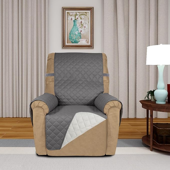PureFit Reversible Recliner Chair Covers Couch Covers for Dogs, 19 in | Gray/Ivory, Water Resistant Couch Protector, Washable Pet Couch Cover with Non Slip and Elastic Straps For Kids