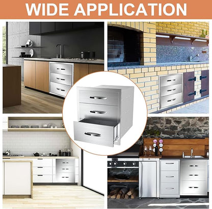 18''W x 24''H x 23''D Outdoor Kitchen Triple Access Drawers Stainless Steel, Flush Mount BBQ with Handles BBQ Island for Outdoor Kitchens or Patio Grill Station