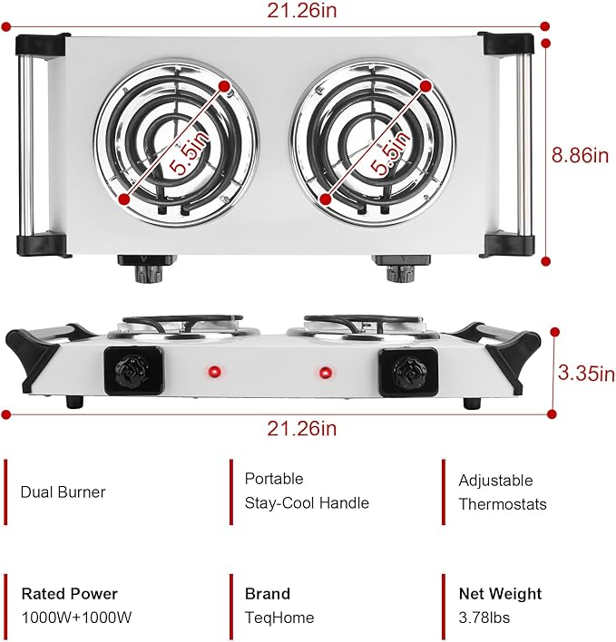 Moclever Hot Plate Electric Stove, 2000W Portable Cooking Stove w/Cooling Handle, 5 Levels of Adjustable Temperature, Countertop Burners Dual Coil Burner for Home RV Camping, Fits All Cookware