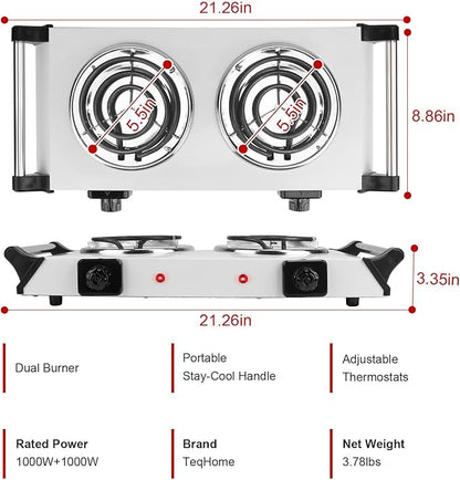 2000W Hot Plate,Portable Electric Stove Countertop Double Coil Burners W/5 Level Temperature Control & Stay Cool Handles, Easy to Clean, Lightweight Cast Iron Electric Stove for RV/Home/Camp 110V