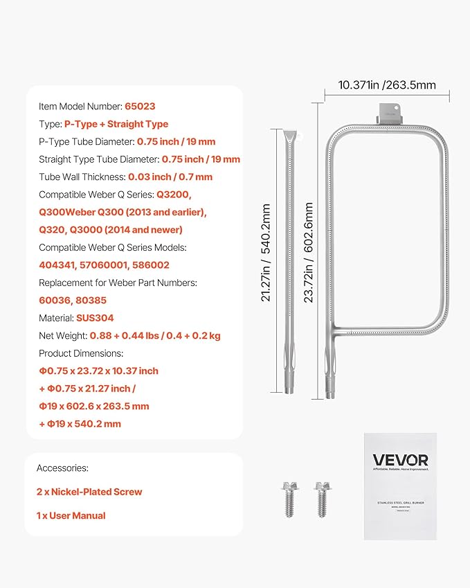 VEVOR Grill Burner Tube for Weber Q3200, Q300 (2013 & earlier), Q320, Q3000 (2014 & newer), 23.75 inch 304 Stainless Steel Tube Burner for Weber 404341, 57060001, 586002, Replacement Part 60036, 80385