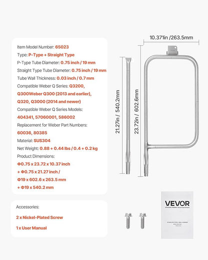 VEVOR Grill Burner Tube for Weber Q3200, Q300 (2013 & earlier), Q320, Q3000 (2014 & newer), 23.75 inch 304 Stainless Steel Tube Burner for Weber 404341, 57060001, 586002, Replacement Part 60036, 80385