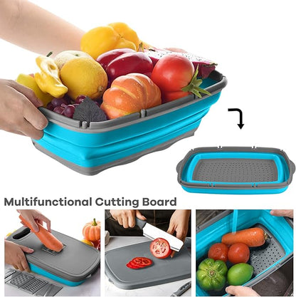Gintan Collapsible Camping Cutting Board, 9-in-1 Chopping Board with Colander, Kitchen Vegetable Washing Basket for Camping, Camping Gifts Camping Accessories for RV Campers (Blue+Grey)