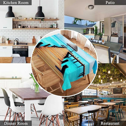 Swono Wooden Dock Rectangular Tablecloth Ocean Beach Tropical Island Seashore Washable Table Cloth Kitchen Dining Room Table Cover for Party Dinner 50x72 Inch Tablecloths