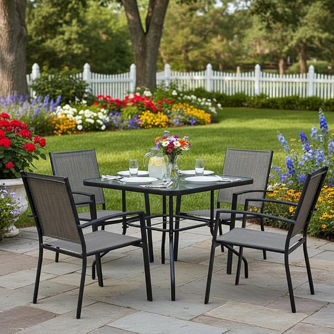 Tangkula 35" Glass Top Patio Dining Table for 4, Square Outdoor Table with Tempered Glass Tabletop, 1.65" Umbrella Hole & Metal Frame, 4-Person Outside Dining Table for Backyard, Lawn, Deck & Poolside