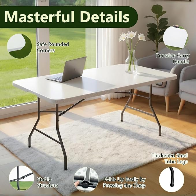 Folding Table, 6FT Foldable Picnic Table with Carrying Handle, Heavy Duty Fold-in-Half Portable Table for Weddings, Camping, RV Travel, Parties, BBQs, and Indoor Use, Easy to Fold and Store, White