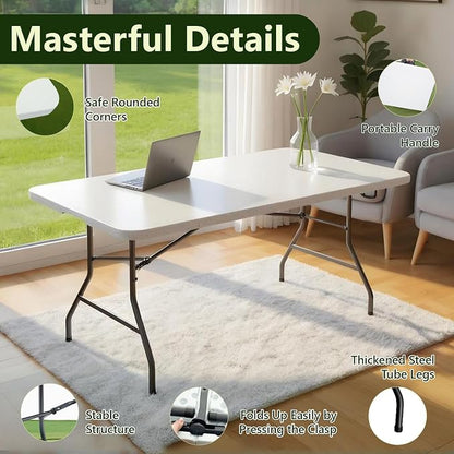 Folding Table, 6FT Foldable Picnic Table with Carrying Handle, Heavy Duty Fold-in-Half Portable Table for Weddings, Camping, RV Travel, Parties, BBQs, and Indoor Use, Easy to Fold and Store, White