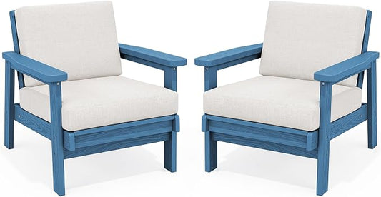 SERWALL HDPE Outdoor Couch Set of 2, Blue Frame and Khaki Cushion