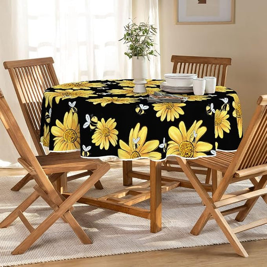 Horaldaily Summer Tablecloth 70 x 70 Inch Round Yellow Sunflower Bumble Bee | Black Fall Washable Table Cover for Party Picnic Dinner Decor