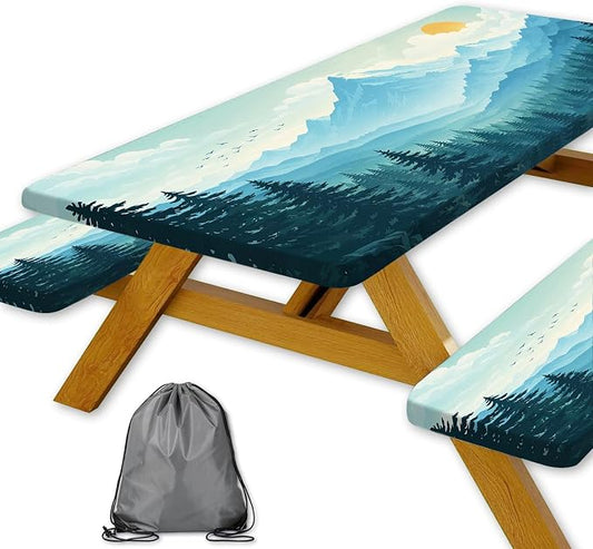 Picnic Table Cover with Bench Covers and Bag, Forest Mountain Sunset Camping Tablecloth, Waterproof Windproof Oilproof Elastic Edges Fitted Tables Cover for Indoor Outdoor 3PCS 30x96 Inch (Green)
