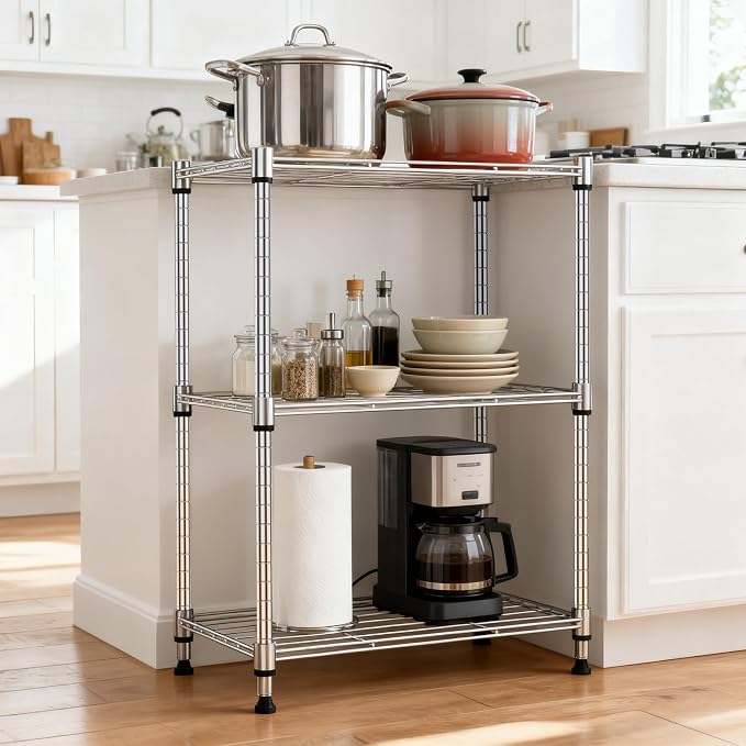 M MZG 450 lbs Wire Storage Shelving 3-Tier Utility Shelving Unit Steel Organizer Wire Rack for Home,Kitchen,Office,Chrome(11.8" D x 17.7" W x 26.4" H) (Pack of 2)
