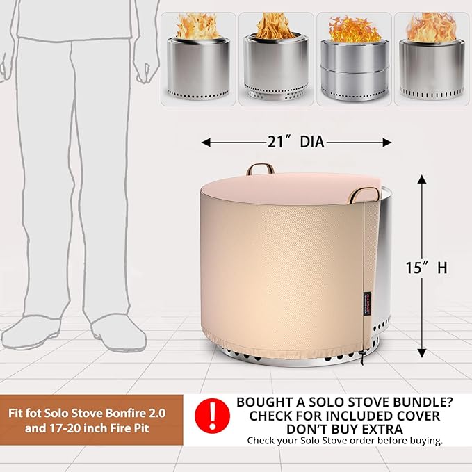 QH.HOME [2025 Upgraded 900D Fabric] Fire Pit Cover Round for Solo Stove Bonfire 2.0, Strong Tear Resistant,Waterproof Firepit Accessories for Gas/Table/Bowl Fire pits - 21" D X 15" H - Wheat