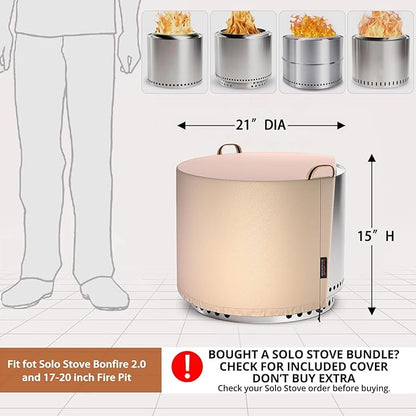 QH.HOME [2025 Upgraded 900D Fabric] Fire Pit Cover Round for Solo Stove Bonfire 2.0, Strong Tear Resistant,Waterproof Firepit Accessories for Gas/Table/Bowl Fire pits - 21" D X 15" H - Wheat