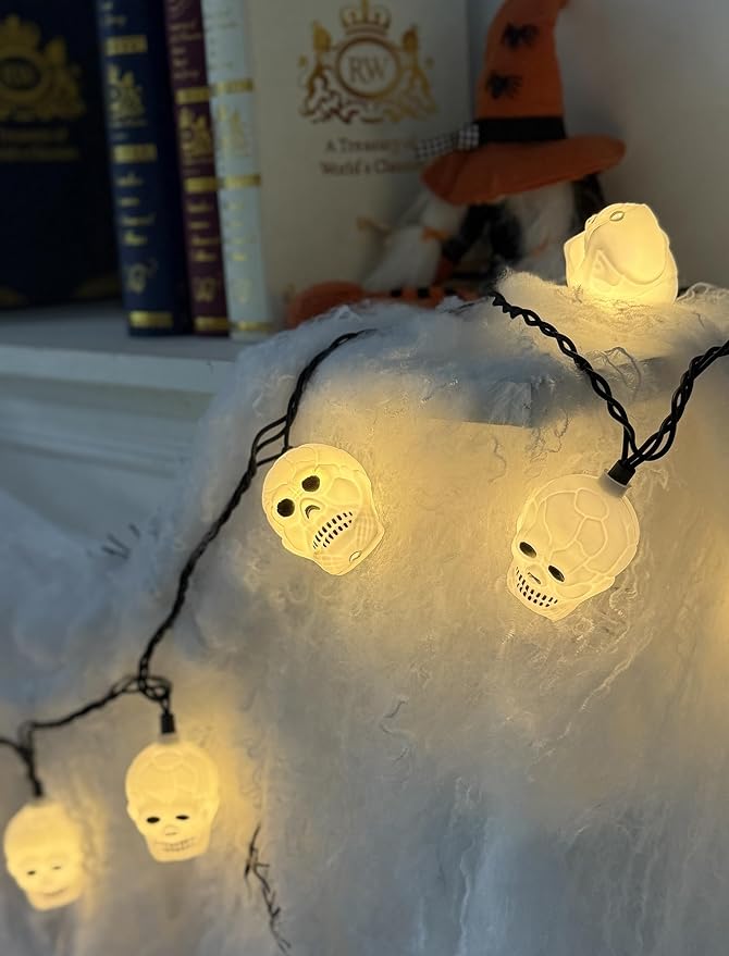 8.5Ft Halloween White Skull String Lights Outdoor, Halloween Decoration String Lights with 10 LED Skeleton Lights Waterproof, Hanging Holiday Lights for Indoor/Outdoor Yard Porch Patio Party Decor