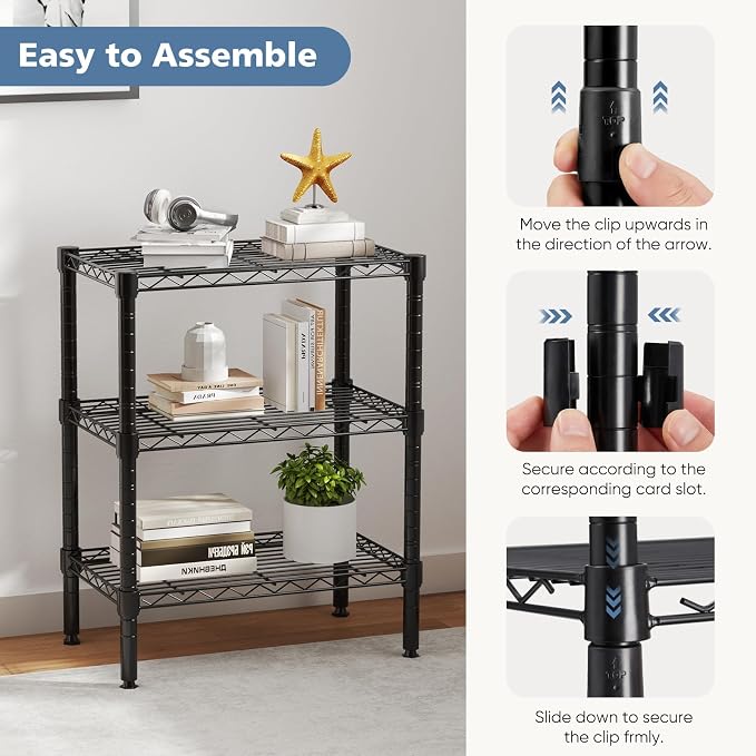 DUMOS 3-Tier Metal Storage Shelves, Wire Shelving, Storage Rack, 23.31" W | Heavy Duty Steel Shelves, Wire Adjustable Standing, Kitchen Bathroom Garage Pantry Organizers, 30.22"H