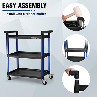 WORKPRO 3-Tier Service Utility Cart, 400LBS Plastic Rolling Cart with Handles & Lockable Wheels, Heavy Duty Storage Cart for Restaurant, Kitchen, Office, Garage, Warehouse