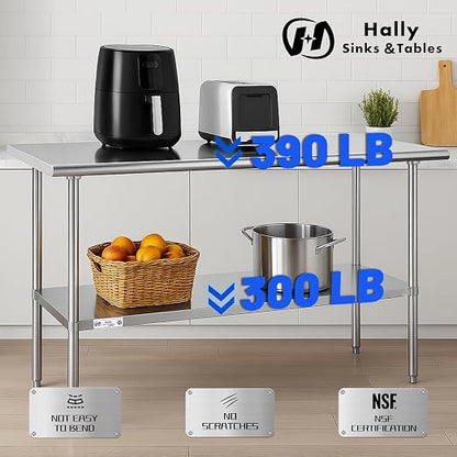Hally Stainless Steel Table 18 x 48 Inches, NSF Commercial Prep Table | Spacious, easy-clean surface for kitchens and food trucks; adjustable undershelf, leveling feet, kitchen island station.