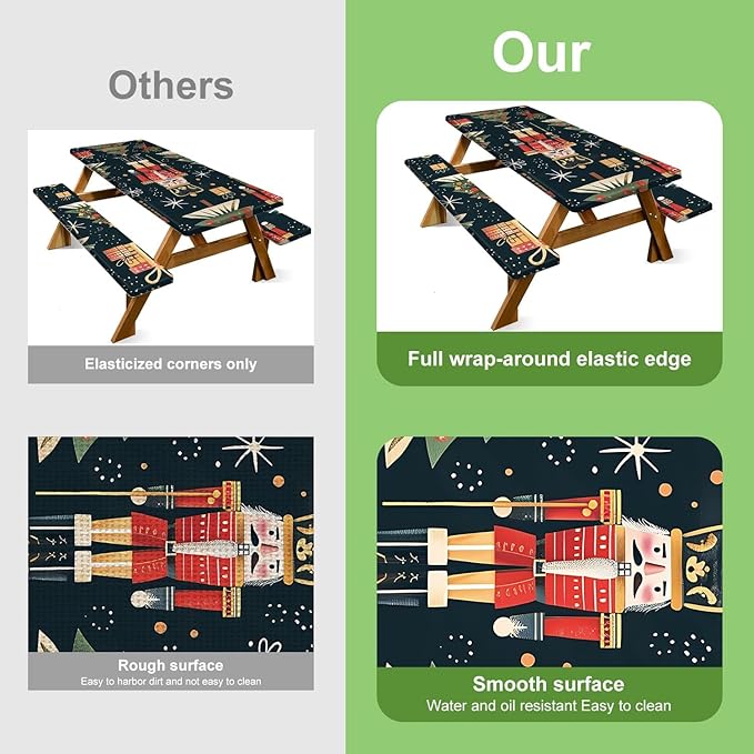 Christmas Picnic Table Cover with Bench Cover, Outdoor Picnic Table Elastic Tablecloth, Walnut Clip and Gift Box Design, Durable Tablecloth for Camping, Barbecue and Coliday Parties.