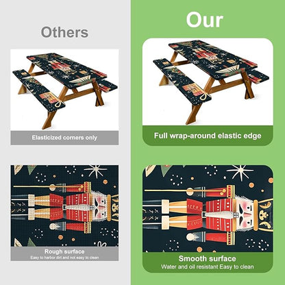 Christmas Picnic Table Cover with Bench Cover, Outdoor Picnic Table Elastic Tablecloth, Walnut Clip and Gift Box Design, Durable Tablecloth for Camping, Barbecue and Coliday Parties.
