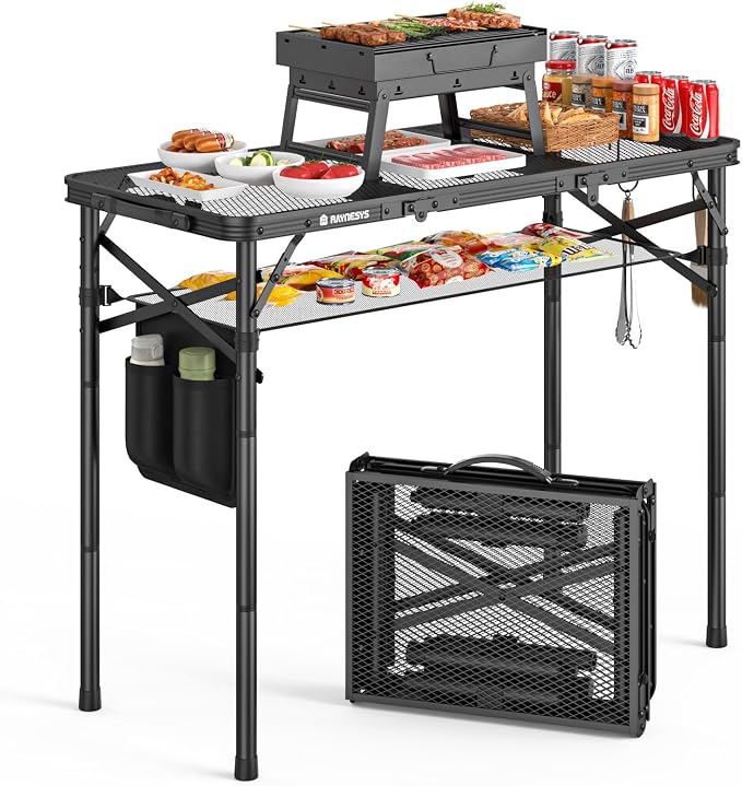 Raynesys Portable Folding Grill Table for Outside for Picnic, Camping | 3 Height Adjustable Small Camping Table with Mesh Bag, Metal Aluminum Folding Table, 35.43x15.75 inches, Black
