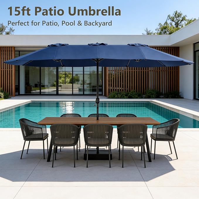 15FT Patio Umbrella, Double-Sided Outdoor Umbrella with base included, Large Standing Umbrella with Crank Handle & Ventilation, Rectangular patio umbrella for Pool, Backyard, Deck, Lawn & Beach