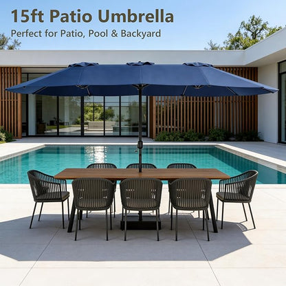 15FT Patio Umbrella, Double-Sided Outdoor Umbrella with base included, Large Standing Umbrella with Crank Handle & Ventilation, Rectangular patio umbrella for Pool, Backyard, Deck, Lawn & Beach
