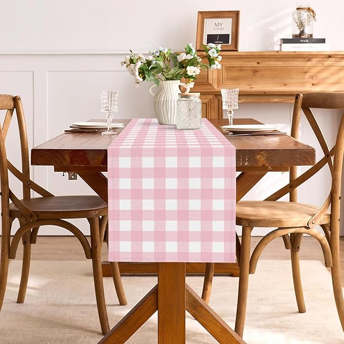 Pink Gingham Party Supplies Light Pink and White Checkered Table Runner Easter Baby Shower BBQ Picnic Home Kitchen Island Decor (Pink, 13" x 108")