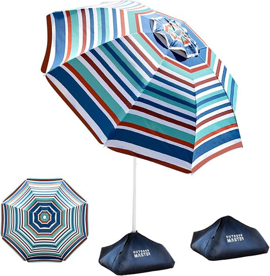 OutdoorMaster 7.2ft Beach Umbrellas for Sand with Sandbag & Anchor | 7.2ft Adjustable Umbrella for Beach, Wind Resistant, Portable UPF50+ Sunshade with Carry Bag for Patio