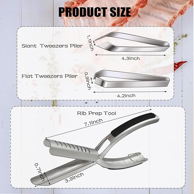 Rib Membrane Removal Tool, Rib Prep Tool, Stainless Steel BBQ Rib Skinner with 2Pcs Tweezers Pliers and Gloves, for Easy Rib Skinner, Kitchen Gadgets for Barbecue Enthusiasts & Chefs