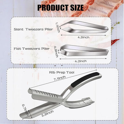 Rib Membrane Removal Tool, Rib Prep Tool, Stainless Steel BBQ Rib Skinner with 2Pcs Tweezers Pliers and Gloves, for Easy Rib Skinner, Kitchen Gadgets for Barbecue Enthusiasts & Chefs