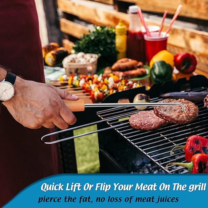 Pigtail Food Flipper Set of 2, Joyfair Stainless Steel Meat Hook & Turner Grill Tools for Outdoor BBQ Grilling & Kitchen Frying, Right Handed, Great Replacement to Tongs (12” & 17”, Wooden Handles)