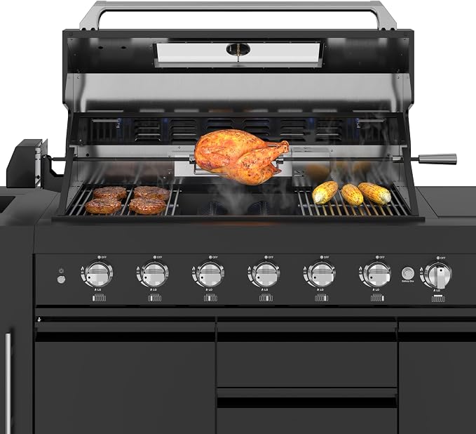KoolMore Reserve Outdoor Kitchen Island with 6 Burner Grill and a Side Burner, Sink, Storage Cabinet, and Beverage Refrigerator, CSA Listed in Sleek Black