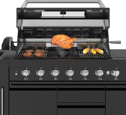 KoolMore Reserve Outdoor Kitchen Island with 6 Burner Grill and a Side Burner, Sink, Storage Cabinet, and Beverage Refrigerator, CSA Listed in Sleek Black